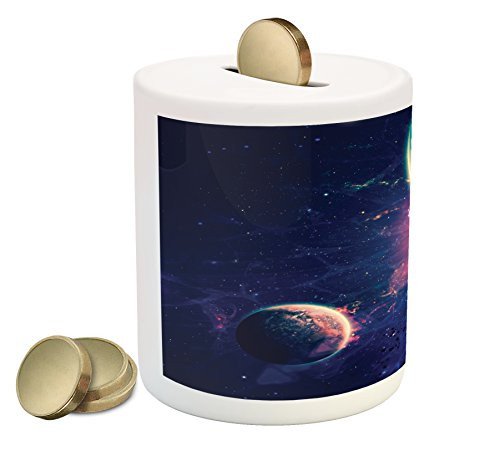 Ambesonne Galaxy Piggy Bank, Outer Space Theme Planet Earth Mars in Space Discovery of Universe Astronomy Art, Printed Ceramic Coin Bank Money Box for Cash Saving, Navy Blue Pink