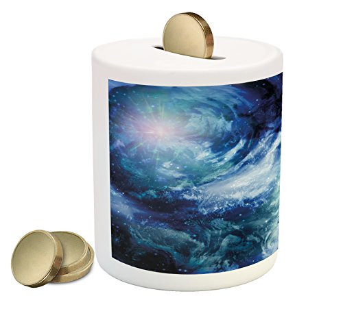 Ambesonne Space Piggy Bank, Nebula Gas Cloud on Celestial Sphere Universe Themed Infinity Design Galaxy Art Print, Printed Ceramic Coin Bank Money Box for Cash Saving, Dark Blue