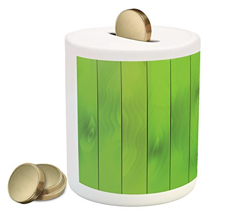 Ambesonne St. Patrick's Day Piggy Bank, Wood Design with Shamrock Lucky Clovers Pot of Gold Coins and Horse Shoe, Printed Ceramic Coin Bank Money Box for Cash Saving, Fern Green