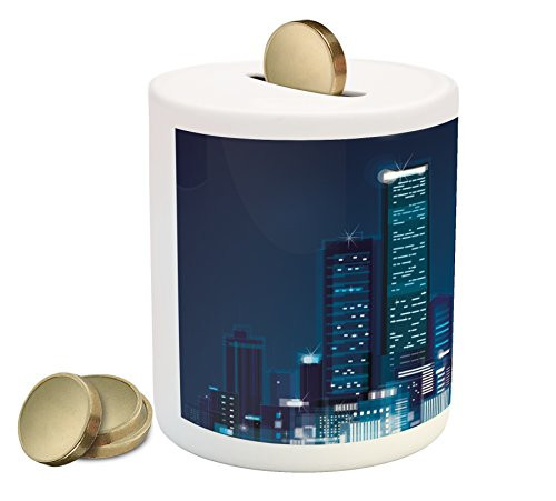 Ambesonne Modern Piggy Bank, Night View of Metropolis City with High Skyscrapers Downtown Business Center Image, Printed Ceramic Coin Bank Money Box for Cash Saving, Dark Blue Ambesonne Modern Piggy Bank, Night View of Metropolis City with High Skyscrapers Downtown Business Center Image, Printed Ceramic Coin Bank Money Box for Cash Saving, Dark Blue