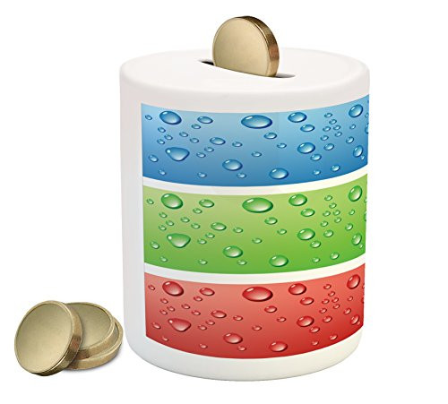 Ambesonne Modern Piggy Bank, Water Drops on a Plastic Surface Like Summer Vibes Image Artwork Print, Printed Ceramic Coin Bank Money Box for Cash Saving, Red Fern Green Blue