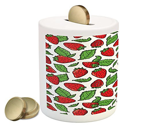 Ambesonne Fruit Piggy Bank, Juicy Strawberries with Leaves Yummy Food Organic Charming Sweets Graphic Design, Printed Ceramic Coin Bank Money Box for Cash Saving, Red Fern Green
