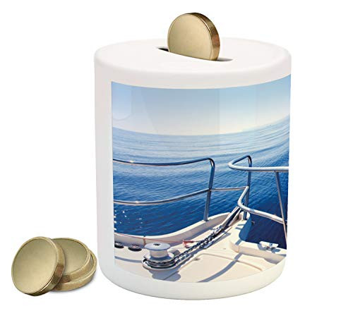 Ambesonne Navy Piggy Bank, Boat Show Ocean Sea Life with Ship Yacht Landscape of Islands Image Photo, Printed Ceramic Coin Bank Money Box for Cash Saving, Navy Blue and White