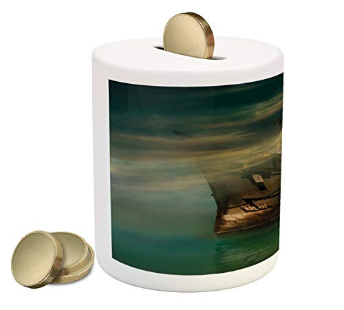 Ambesonne Fantasy Piggy Bank, Phantasmagoric Old Ship Sailing on Calm SeMisty Weather Marine Theme, Printed Ceramic Coin Bank Money Box for Cash Saving, Green Brown Dark Blue