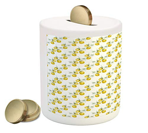 Ambesonne Nature Piggy Bank, Lemon Tree Branches Agriculture Kitchen Lemonade Citrus Graphic Art, Printed Ceramic Coin Bank Money Box for Cash Saving, Olive Green Yellow