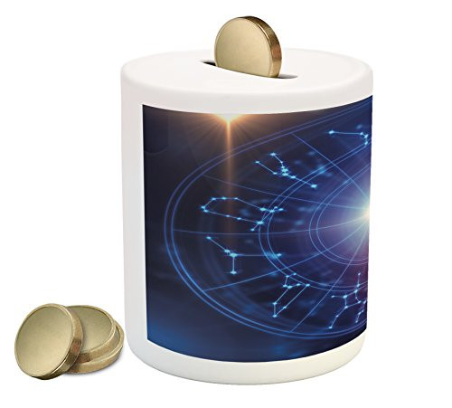Ambesonne Astrology Piggy Bank, Horoscope Geometrical Dots Connected Star Shapes Image, Printed Ceramic Coin Bank Money Box for Cash Saving, Blue White and Red