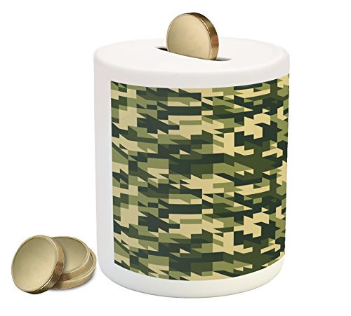 Ambesonne Camo Piggy Bank, Abstract Camouflage in Forest Colors Jungle Environment Chevron, Printed Ceramic Coin Bank Money Box for Cash Saving, Pale Green Dark Green Army Green