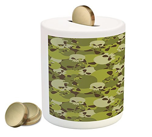 Ambesonne Camo Piggy Bank, Composition of Skulls Scary Head Skeletons Graphic Grunge Illustration, Printed Ceramic Coin Bank Money Box for Cash Saving, Green Pale Green Beige