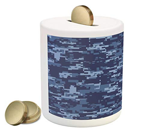Ambesonne Camo Piggy Bank, Retro Composition of Grunge Camouflage Pattern Print in Modern Blue Tones, Printed Ceramic Coin Bank Money Box for Cash Saving, Pale Blue and Dark Blue