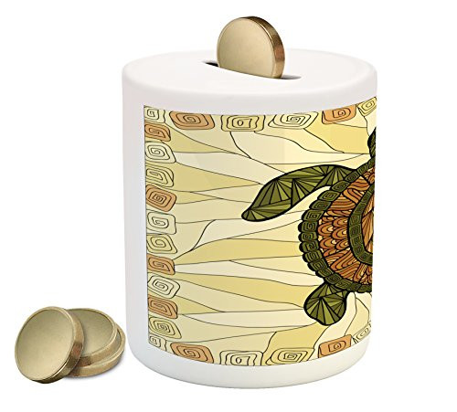 Ambesonne Turtle Piggy Bank, Turtle Zentangle on Yellow Background Spiral Forms Bohemian Artwork, Printed Ceramic Coin Bank Money Box for Cash Saving, Yellow Green Brown