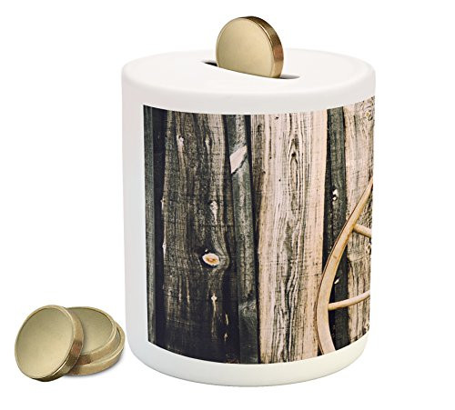 Ambesonne Barn Wood Wagon Wheel Piggy Bank, Wooden Barn Door and Vintage Rusty Wheel Rustic Home Farm, Printed Ceramic Coin Bank Money Box for Cash Saving, Black Pale Brown