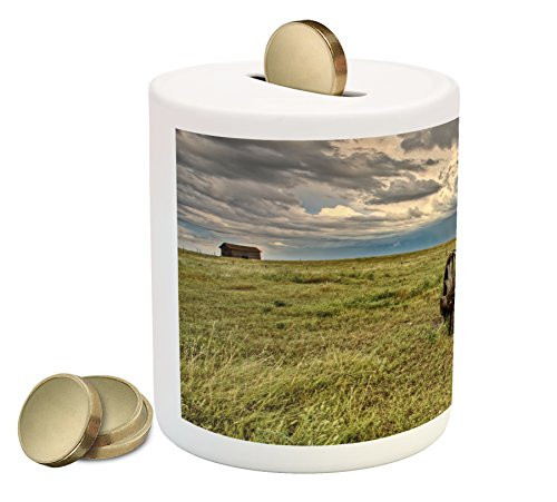 Ambesonne Barn Wood Wagon Wheel Piggy Bank, Old Prairie Cart Agricultural Field Ranch Dramatic Stormy Sky, Printed Ceramic Coin Bank Money Box for Cash Saving, Green Brown Grey