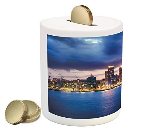 Ambesonne City Piggy Bank, Auckland The Biggest City in New Zealand Waterfront Travel Destination, Printed Ceramic Coin Bank Money Box for Cash Saving, Navy Blue Pale Yellow