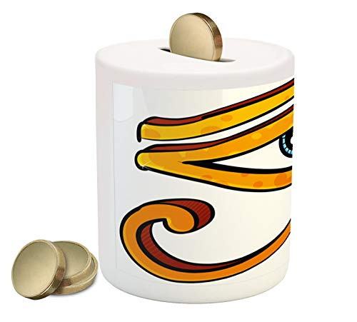 Ambesonne Eye Piggy Bank, Traditional Eye Mystic Egyptian Ornamental Print on Plain Background, Printed Ceramic Coin Bank Money Box for Cash Saving, Pale Blue Orange and Ruby