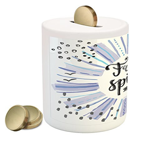 Ambesonne Adventure Piggy Bank, Free Spirit Words on Watercolor Backdrop Stars Clouds Crescent Moon Artwork Print, Printed Ceramic Coin Bank Money Box for Cash Saving, Blue Black