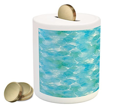 Ambesonne Teal Piggy Bank, Abstract and Expressionist Watercolor Art Design with Aqua Circles Pattern, Printed Ceramic Coin Bank Money Box for Cash Saving, Aqua Blue Turquoise