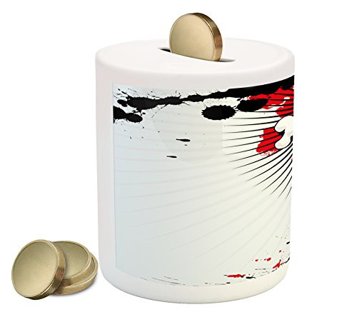 Ambesonne Halloween Piggy Bank, Skull with Crossed Bones Over Grunge Background Evil Scary Horror Graphic, Printed Ceramic Coin Bank Money Box for Cash Saving, Pearl Red Black