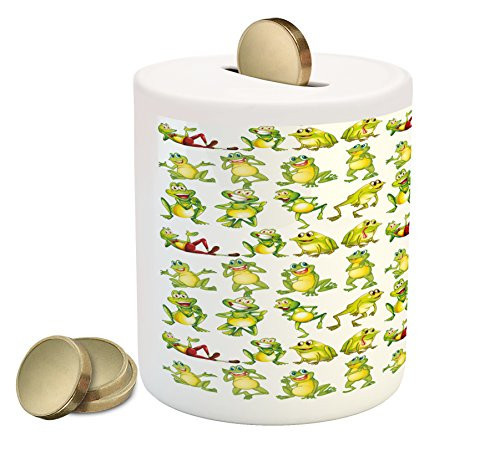 Ambesonne Nursery Piggy Bank, Frogs in Different Positions Funny Happy Expressions Faces Toads Cartoon, Printed Ceramic Coin Bank Money Box for Cash Saving, Green Yellow Red