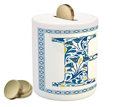 Ambesonne Letter H Piggy Bank, Azulejo Frame Flowers and Leaves Abstract Color Scheme Portuguese Inspired, Printed Ceramic Coin Bank Money Box for Cash Saving, Blue Yellow Orange