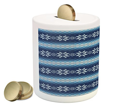 Ambesonne Winter Piggy Bank, Traditional Scandinavian Needlework Inspired Pattern Jacquard Flakes Knitting Theme, Printed Ceramic Coin Bank Money Box for Cash Saving, Blue White
