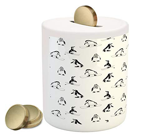 Ambesonne Penguin Piggy Bank, Skiing Penguins on Snowboards Winter Sports Themed Pattern Animal Bird with Scarf, Printed Ceramic Coin Bank Money Box for Cash Saving, White Black Ambesonne Penguin Piggy Bank, Skiing Penguins on Snowboards Winter Sports Themed Pattern Animal Bird with Scarf, Printed Ceramic Coin Bank Money Box for Cash Saving, White Black