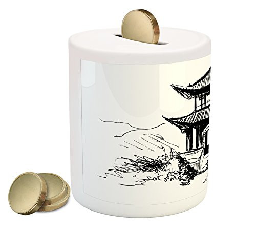 Ambesonne Vintage China Piggy Bank, Hand Drawn Black and White Sketching of a Chinese Pavilion with Landscape, Printed Ceramic Coin Bank Money Box for Cash Saving, Black White