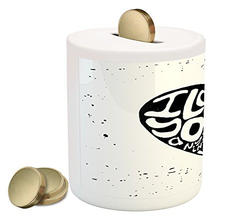 Ambesonne I Love You More Piggy Bank, Calligraphy in a Heart Shape with Grunge Messy Look Inspirational, Printed Ceramic Coin Bank Money Box for Cash Saving, Black White