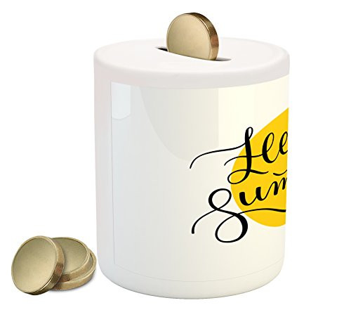 Ambesonne Hello Summer Piggy Bank, Abstract Retro Style Lettering in Black Font Across a Round Shape in Yellow, Printed Ceramic Coin Bank Money Box for Cash Saving, Mustard Black