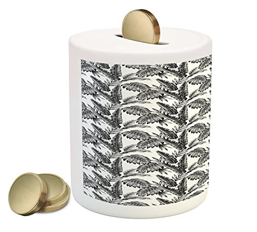 Ambesonne Jungle Piggy Bank, Monochrome Tropical Plants Palm Monstera Banana Leaves Island Nature Theme, Printed Ceramic Coin Bank Money Box for Cash Saving, Black Grey White