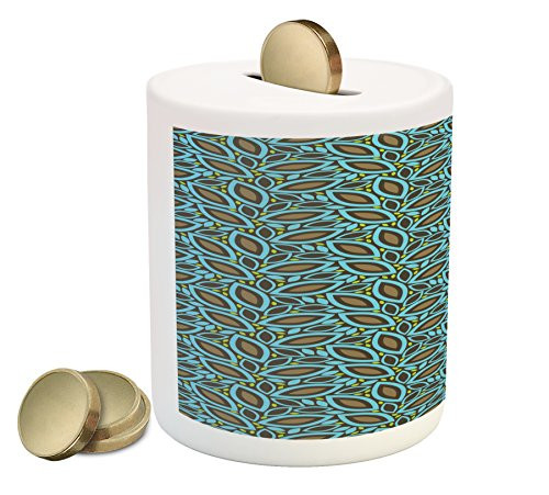 Ambesonne Leaves Piggy Bank, Foliage Pattern with Retro Inspirations Plant Silhouettes Design Spring Theme, Printed Ceramic Coin Bank Money Box for Cash Saving, Taupe Blue Green