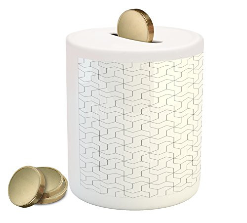 Ambesonne Black and White Piggy Bank, Geometric Arrangement with Monochrome Design Lines and Optical Illusion, Printed Ceramic Coin Bank Money Box for Cash Saving, Black White