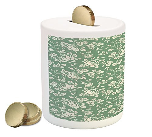 Ambesonne Floral Piggy Bank, Classic Rose Branches Victorian Petals Romantic Botanical Blossom Pattern, Printed Ceramic Coin Bank Money Box for Cash Saving, Reseda Green Cream