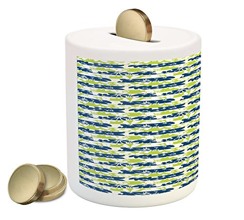 Ambesonne Floral Piggy Bank, Stripes with Nature Blossom Silhouettes Coming of The Spring Theme, Printed Ceramic Coin Bank Money Box for Cash Saving, Navy Blue and Apple Green