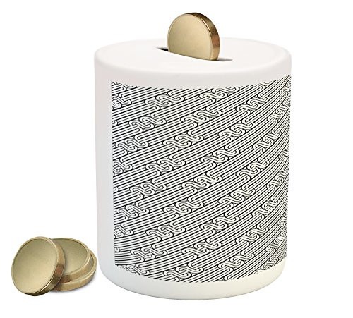 Ambesonne Abstract Piggy Bank, Monochrome Classic Curved Line Bands with Diagonal Swirls Optic Effects Graphic, Printed Ceramic Coin Bank Money Box for Cash Saving, Black White
