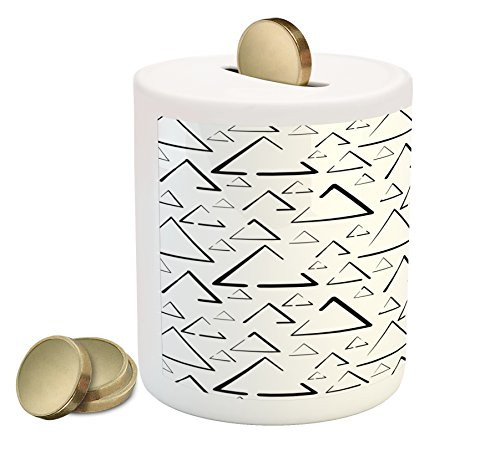 Ambesonne Geometric Piggy Bank, Hand Drawn Triangles Creative Abstract Minimalist Urban Style Artisan Print, Printed Ceramic Coin Bank Money Box for Cash Saving, Black White