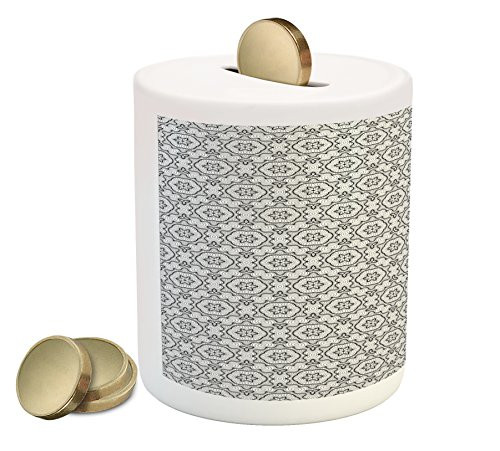 Ambesonne Black and White Piggy Bank, Abstract and Mandala Style Floral Symmetrical Simple Motifs Tile, Printed Ceramic Coin Bank Money Box for Cash Saving, Black White