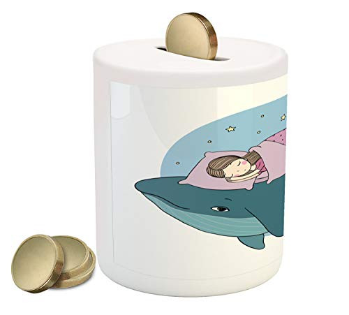 Ambesonne Whale Piggy Bank, Hand Drawn Style Little Girl is Sleeping on a Whale Cozy Bed in The Night Sea, Printed Ceramic Coin Bank Money Box for Cash Saving, Blue Lilac Yellow Ambesonne Whale Piggy Bank, Hand Drawn Style Little Girl is Sleeping on a Whale Cozy Bed in The Night Sea, Printed Ceramic Coin Bank Money Box for Cash Saving, Blue Lilac Yellow