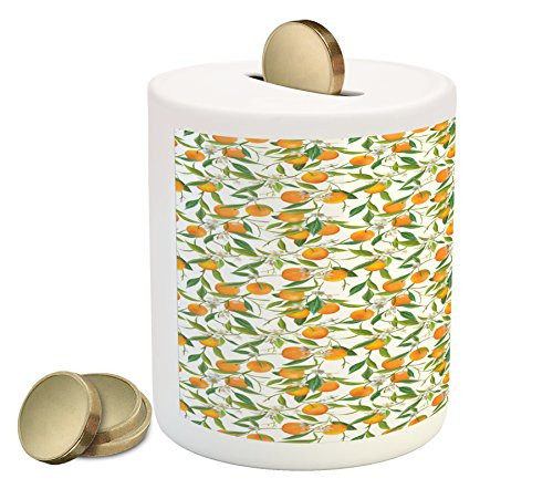 Ambesonne Green and Orange Piggy Bank, Orange Branches with Flowers and Leaf Pattern Exotic Fruits, Printed Ceramic Coin Bank Money Box for Cash Saving, Fern Green Orange Yellow