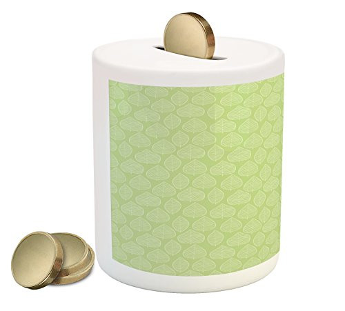 Ambesonne Green and White Piggy Bank, Abstract Leafage Modern Art Style Ornament Fresh Nature, Printed Ceramic Coin Bank Money Box for Cash Saving, Pistachio Green White