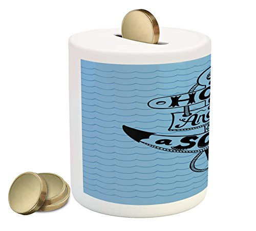 Ambesonne Hope Piggy Bank, Hand Drawn Anchor with Shapes Marine Elements Hope Words on Wavy Sea Background, Ceramic Coin Bank Money Box for Cash Saving, 3.6" X 3.2", Black and Blue