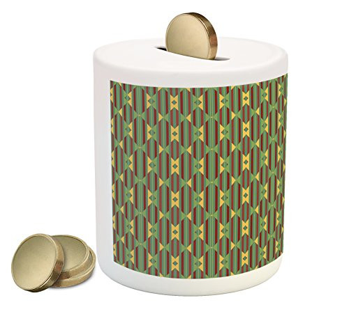 Ambesonne Kente Pattern Piggy Bank, Retro Revival Diamond Line Pattern with Vertical Stripes, Printed Ceramic Coin Bank Money Box for Cash Saving, Sea Green Mustard and Ruby