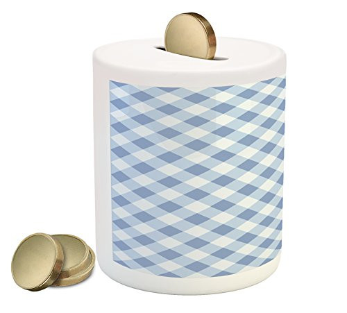 Ambesonne Geometric Piggy Bank, Diamond Rhombus Pattern Checkered Grid Style Mosaic Composition, Printed Ceramic Coin Bank Money Box for Cash Saving, Slate Blue and Baby Blue