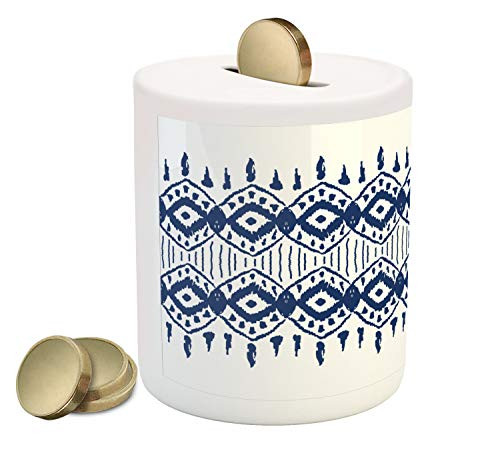 Ambesonne Ikat Piggy Bank, Traditional Design Borders Art Geometrical Motifs and Shapes, Printed Ceramic Coin Bank Money Box for Cash Saving, Navy Blue and White Ambesonne Ikat Piggy Bank, Traditional Design Borders Art Geometrical Motifs and Shapes, Printed Ceramic Coin Bank Money Box for Cash Saving, Navy Blue and White