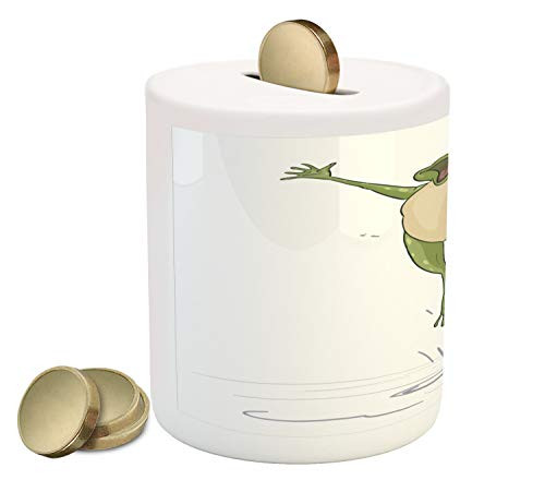 Ambesonne Frog Piggy Bank, Frog Jumping in Excitement in The Water Happy Toad Freedom Relax Lifestyle Humor, Printed Ceramic Coin Bank Money Box for Cash Saving, Olive Green Grey