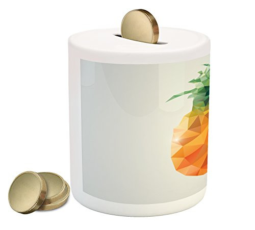 Ambesonne Green and Orange Piggy Bank, Geometric Polygonal Fruit Angular Triangles Abstract Art Design, Printed Ceramic Coin Bank Money Box for Cash Saving, Fern Green and Orange
