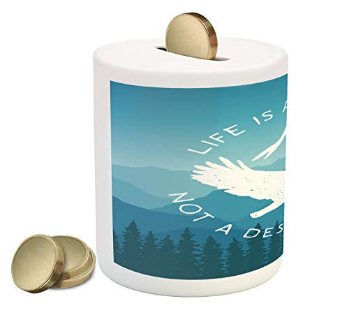 Ambesonne Saying Piggy Bank, Hand Drawn Life is a Journey Words with Mountains and Eagle Silhouette, Printed Ceramic Coin Bank Money Box for Cash Saving, Blue Pale Blue and White