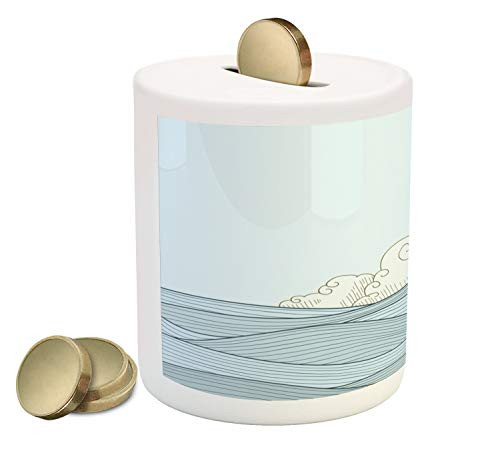 Ambesonne Vintage Boat Piggy Bank, Doodle Style Sailing Freedom Concept with Ocean Waves Boat and Clouds, Printed Ceramic Coin Bank Money Box for Cash Saving, Baby Blue Cream