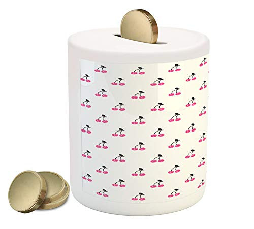 Ambesonne Cherry Piggy Bank, Hand Drawn Illustration of Red Pie Cherry with a Single Leaf on Stems, Printed Ceramic Coin Bank Money Box for Cash Saving, Pink Black White