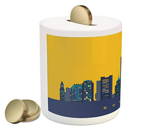 Ambesonne Boston Piggy Bank, Iconic Buildings Flat City Illustration and Egg Yolk Color Sky, Printed Ceramic Coin Bank Money Box for Cash Saving, Dark Blue Earth Yellow and Teal