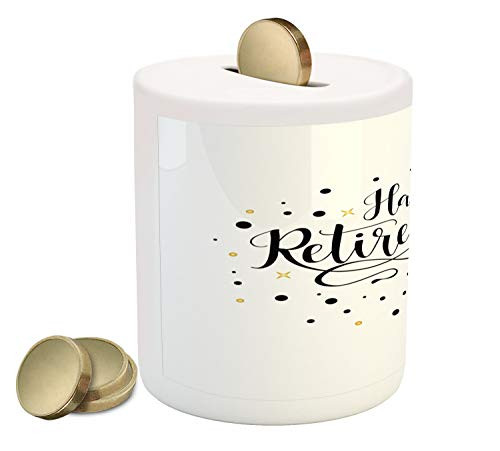 Ambesonne Retirement Party Piggy Bank, Curlicue Style Hand-Written Saying Happy Retirement, Printed Ceramic Coin Bank Money Box for Cash Saving, Black White and Earth Yellow